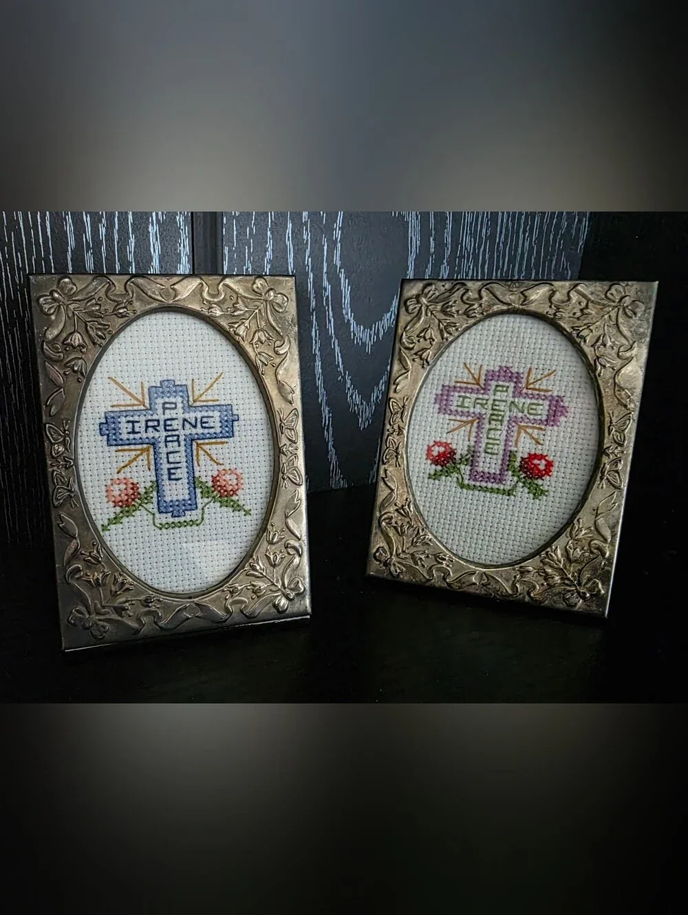 Decorative Silver-Tone Floral Oval Frame with Cross Embroidery (Silver)Set Of 2